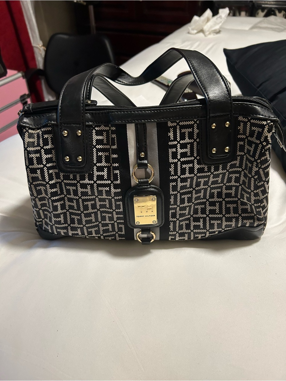 Tommy Hilfiger Black & Ivory Monogram Satchel Bag